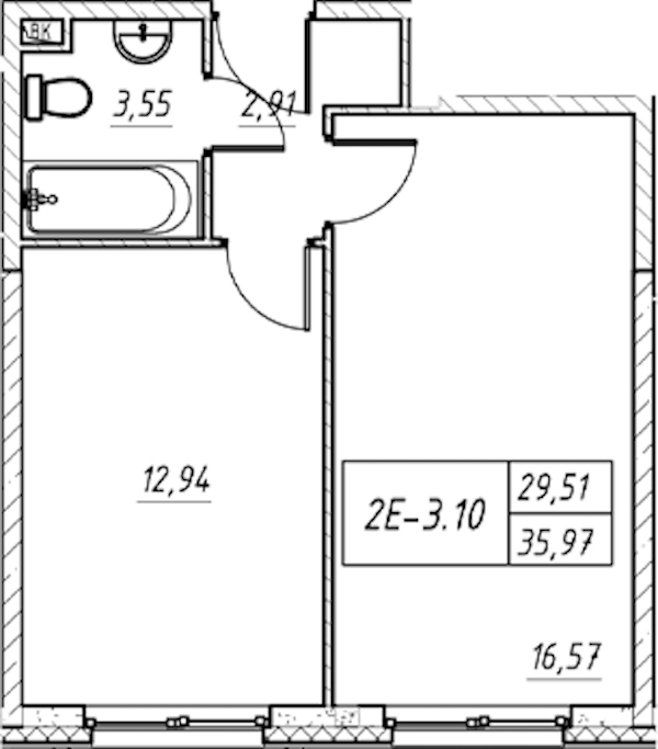 1-комнатная квартира 35.97 м², 2/11 эт., Комплекс апартаментов «Zoom на Неве»